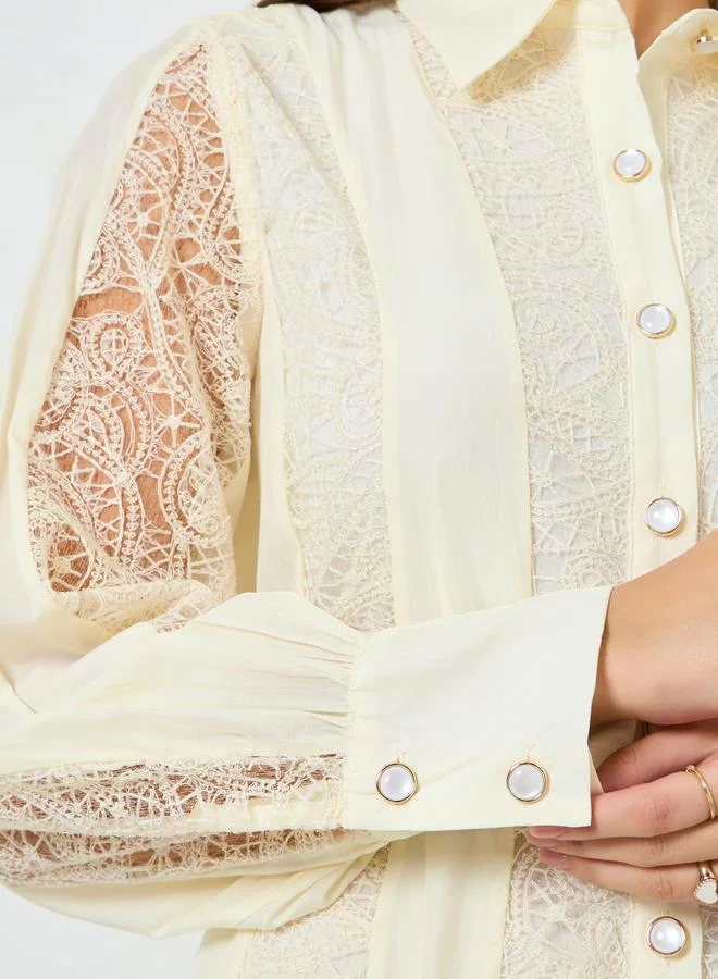 Styli Women Cream Lace Shirt Midi Dress